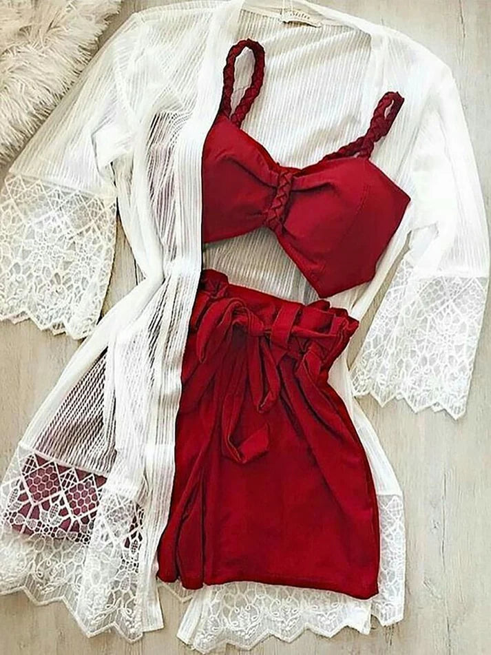Red Night Suit & Bra Penty Set Combo