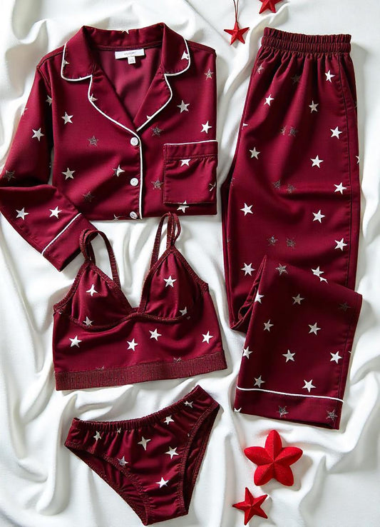 Maroon Love Night Suit & Bra Penty Set Combo for Women's