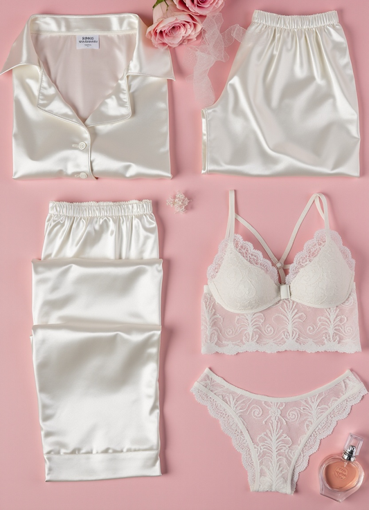 White Night Suit & Bra Penty Set Combo for Women's